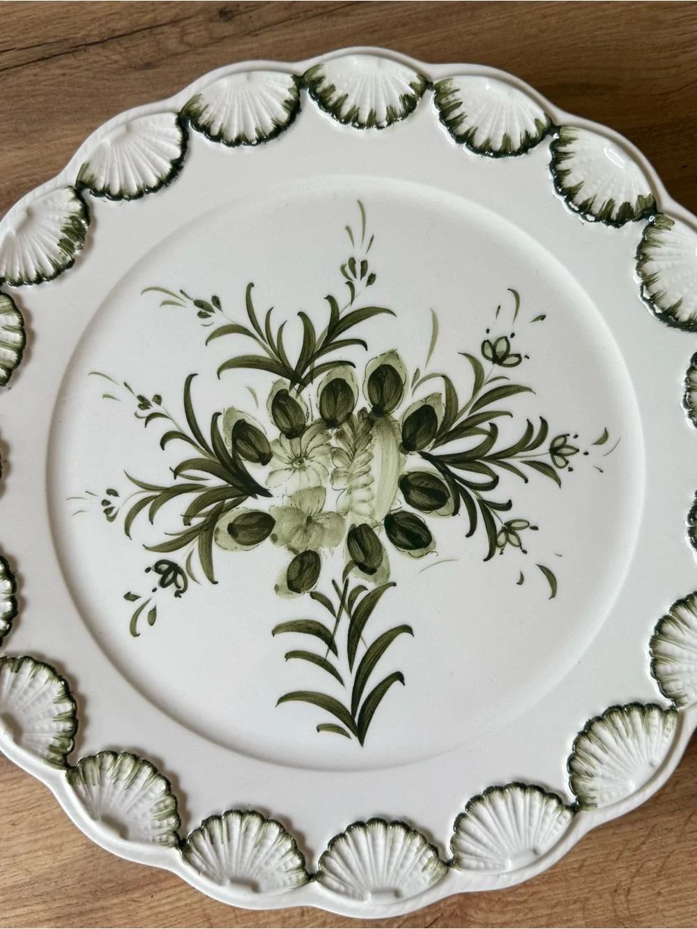 Vintage Cake Pedestal Stand Hand Painted Green Floral With Shell Edging Gorgeous